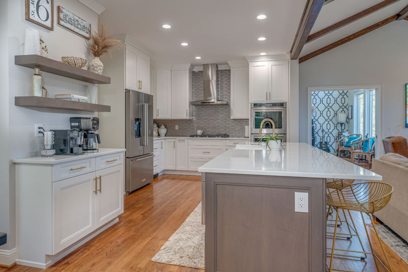 ideal cabinets residential design gray and white kitchen with center island and open shelves