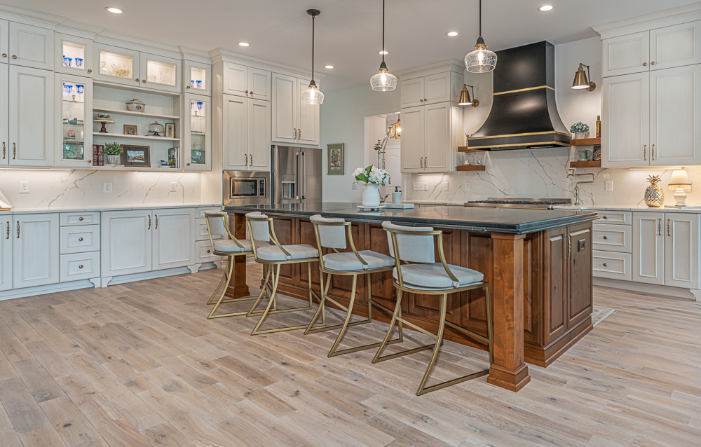 ideal cabinets residential design gray and white kitchen with center island and open shelves
