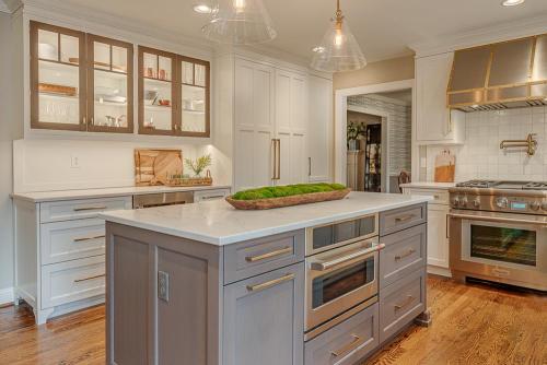 ideal cabinets lara lee strickler churchill kitchen design blue gray island with built in appliance