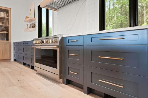 ideal cabinets victoria bombardieri kitchen design blue base cabinets with gold drawer pulls