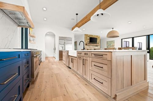 ideal cabinets victoria bombardieri kitchen design wood and blue cabinets with white and wood accent